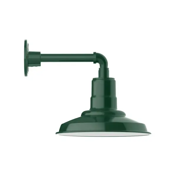 Our outdoor wall lights, inspired by 1920's industrial lighting, in straight arm styles are great for use as sign or awning lights, garage or barn lights. This vintage look works well indoors, as a wall sconce to illuminate an entry or hallway, stairway, or bathroom. The Warehouse shade is our most popular shade style, and we offer in a large variety of sizes. Collection: Warehouse Finish: Forest Green Glass: Clear Glass with Cast Guard Notes: Option (1) A19 LED and 3-Integrated 8W, 10W, 15W Width: 12.13" Height: 12.00" Length: 16.00" Weight: 8.00 lb Extension from Wall: 16.00" Canopy: 4.625" diameter Number of Bulbs: 1 Maximum Wattage: 100.00 W Bulb Type: A19 Bulb Base: E26 Medium Light Source: Incandescent or LED equivalent Dimmable Voltage: 120.00 V Country of Origin: US Safety Listing: UL/cUL Safety Rating: Wet Dark Sky LED Manufacturer Warranty: 1-year limited warranty on the fixture.