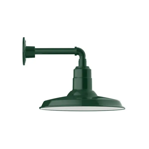 Our outdoor wall lights, inspired by 1920's industrial lighting, in straight arm styles are great for use as sign or awning lights, garage or barn lights. This vintage look works well indoors, as a wall sconce to illuminate an entry or hallway, stairway, or bathroom. The Warehouse shade is our most popular shade style, and we offer in a large variety of sizes. Collection: Warehouse Finish: Forest Green Glass: Clear Glass with Cast Guard Width: 14.50" Height: 12.00" Length: 17.25" Weight: 10.00 lb Extension from Wall: 17.25" Canopy: 4.625" diameter Number of Bulbs: 1 Maximum Wattage: 15.00 W Light Source: LED Light Output: 1200.00 lm Color Temperature: 2700 K CRI: 90 Dimmable Rated Average Life: 50,000 Voltage: 120.00 V Country of Origin: US Safety Listing: UL/cUL Safety Rating: Wet Dark Sky LED Manufacturer Warranty: 1-year limited warranty on the fixture.