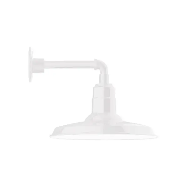 Our outdoor wall lights, inspired by 1920's industrial lighting, in straight arm styles are great for use as sign or awning lights, garage or barn lights. This vintage look works well indoors, as a wall sconce to illuminate an entry or hallway, stairway, or bathroom. The Warehouse shade is our most popular shade style, and we offer in a large variety of sizes. Collection: Warehouse Finish: White Glass: Clear Glass with Cast Guard Notes: Option (1) A19 LED and 3-Integrated 8W, 10W, 15W Width: 14.50" Height: 12.00" Length: 17.25" Weight: 10.00 lb Extension from Wall: 17.25" Canopy: 4.625" diameter Number of Bulbs: 1 Maximum Wattage: 100.00 W Bulb Type: A19 Bulb Base: E26 Medium Light Source: Incandescent or LED equivalent Dimmable Voltage: 120.00 V Country of Origin: US Safety Listing: UL/cUL Safety Rating: Wet Dark Sky LED Manufacturer Warranty: 1-year limited warranty on the fixture.
