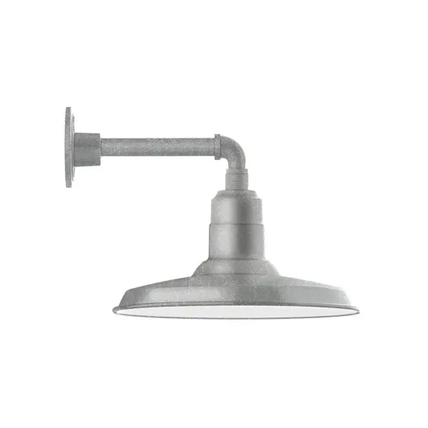 Our outdoor wall lights, inspired by 1920's industrial lighting, in straight arm styles are great for use as sign or awning lights, garage or barn lights. This vintage look works well indoors, as a wall sconce to illuminate an entry or hallway, stairway, or bathroom. The Warehouse shade is our most popular shade style, and we offer in a large variety of sizes. Collection: Warehouse Finish: Painted Galvanized Glass: Clear Glass with Cast Guard Notes: Option (1) A19 LED and 3-Integrated 8W, 10W, 15W Width: 14.50" Height: 12.00" Length: 17.25" Weight: 10.00 lb Extension from Wall: 17.25" Canopy: 4.625" diameter Number of Bulbs: 1 Maximum Wattage: 100.00 W Bulb Type: A19 Bulb Base: E26 Medium Light Source: Incandescent or LED equivalent Dimmable Voltage: 120.00 V Country of Origin: US Safety Listing: UL/cUL Safety Rating: Wet Dark Sky LED Manufacturer Warranty: 1-year limited warranty on the fixture.