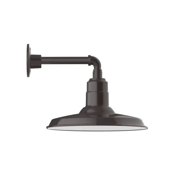 Our outdoor wall lights, inspired by 1920's industrial lighting, in straight arm styles are great for use as sign or awning lights, garage or barn lights. This vintage look works well indoors, as a wall sconce to illuminate an entry or hallway, stairway, or bathroom. The Warehouse shade is our most popular shade style, and we offer in a large variety of sizes. Collection: Warehouse Finish: Architectural Bronze Glass: 14 inch Warehouse Notes: Option (1) A19 LED and 3-Integrated 8W, 10W, 15W Width: 14.50" Height: 12.00" Length: 17.25" Weight: 10.00 lb Extension from Wall: 17.25" Canopy: 4.625" diameter Number of Bulbs: 1 Maximum Wattage: 100.00 W Bulb Type: A19 Bulb Base: E26 Medium Light Source: Incandescent or LED equivalent Dimmable Voltage: 120.00 V Country of Origin: US Safety Listing: UL/cUL Safety Rating: Wet Dark Sky LED Manufacturer Warranty: 1-year limited warranty on the fixture.