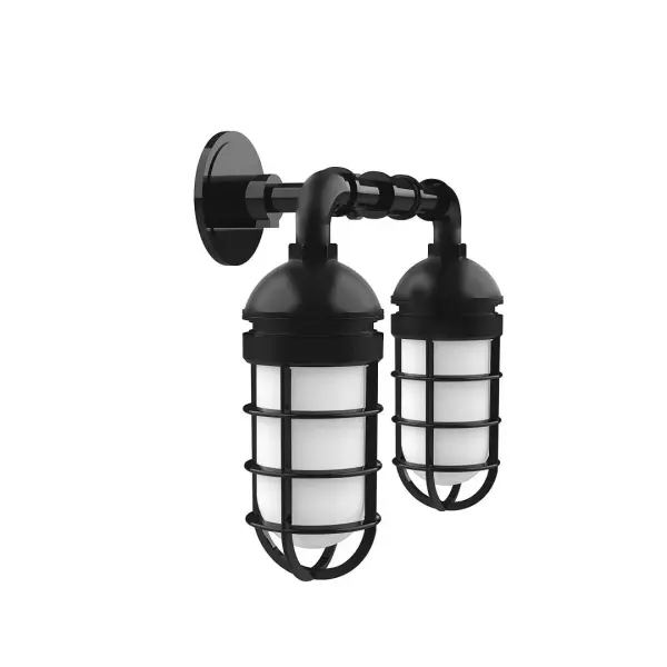 Our outdoor wall lights, inspired by 1920's industrial lighting, in straight arm styles are great for use as sign or awning lights, garage or barn lights. This vintage look works well indoors, as a wall sconce to illuminate an entry or hallway, stairway, or bathroom. Our weathertight glass and guard will protect your light source from damage in a storm, as well as light your way in great nautical style. Collection: Vaportite Finish: Black Glass: 5 inch Vaportite Notes: Option (2) A19 LED and 1-Integrated 8W Width: 15.50" Height: 13.75" Length: 15.50" Weight: 8.00 lb Extension from Wall: 8.00" Canopy: 4.625" diameter Number of Bulbs: 2 Maximum Wattage: 100.00 W Bulb Type: A19 Bulb Base: E26 Medium Light Source: Incandescent or LED equivalent Dimmable Voltage: 120.00 V Country of Origin: US Safety Listing: UL/cUL Safety Rating: Wet Dark Sky LED Manufacturer Warranty: 1-year limited warranty on the fixture.