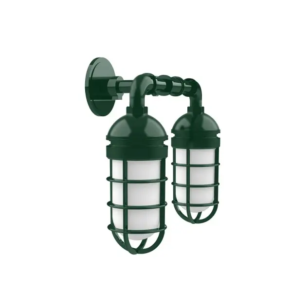 Our outdoor wall lights, inspired by 1920's industrial lighting, in straight arm styles are great for use as sign or awning lights, garage or barn lights. This vintage look works well indoors, as a wall sconce to illuminate an entry or hallway, stairway, or bathroom. Our weathertight glass and guard will protect your light source from damage in a storm, as well as light your way in great nautical style. Collection: Vaportite Finish: Forest Green Glass: 5 inch Vaportite Notes: Option (2) A19 LED and 1-Integrated 8W Width: 15.50" Height: 13.75" Length: 15.50" Weight: 8.00 lb Extension from Wall: 8.00" Canopy: 4.625" diameter Number of Bulbs: 2 Maximum Wattage: 100.00 W Bulb Type: A19 Bulb Base: E26 Medium Light Source: Incandescent or LED equivalent Dimmable Voltage: 120.00 V Country of Origin: US Safety Listing: UL/cUL Safety Rating: Wet Dark Sky LED Manufacturer Warranty: 1-year limited warranty on the fixture.