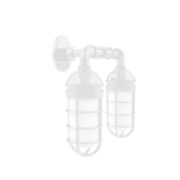 Our outdoor wall lights, inspired by 1920's industrial lighting, in straight arm styles are great for use as sign or awning lights, garage or barn lights. This vintage look works well indoors, as a wall sconce to illuminate an entry or hallway, stairway, or bathroom. Our weathertight glass and guard will protect your light source from damage in a storm, as well as light your way in great nautical style. Collection: Vaportite Finish: White Glass: 5 inch Vaportite Notes: Option (2) A19 LED and 1-Integrated 8W Width: 15.50" Height: 13.75" Length: 15.50" Weight: 8.00 lb Extension from Wall: 8.00" Canopy: 4.625" diameter Number of Bulbs: 2 Maximum Wattage: 100.00 W Bulb Type: A19 Bulb Base: E26 Medium Light Source: Incandescent or LED equivalent Dimmable Voltage: 120.00 V Country of Origin: US Safety Listing: UL/cUL Safety Rating: Wet Dark Sky LED Manufacturer Warranty: 1-year limited warranty on the fixture.