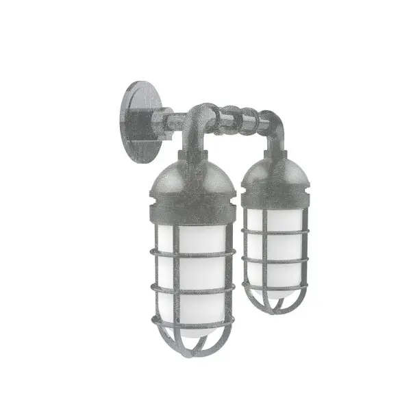 Our outdoor wall lights, inspired by 1920's industrial lighting, in straight arm styles are great for use as sign or awning lights, garage or barn lights. This vintage look works well indoors, as a wall sconce to illuminate an entry or hallway, stairway, or bathroom. Our weathertight glass and guard will protect your light source from damage in a storm, as well as light your way in great nautical style. Collection: Vaportite Finish: Painted Galvanized Glass: 5 inch Vaportite Notes: Option (2) A19 LED and 1-Integrated 8W Width: 15.50" Height: 13.75" Length: 15.50" Weight: 8.00 lb Extension from Wall: 8.00" Canopy: 4.625" diameter Number of Bulbs: 2 Maximum Wattage: 100.00 W Bulb Type: A19 Bulb Base: E26 Medium Light Source: Incandescent or LED equivalent Dimmable Voltage: 120.00 V Country of Origin: US Safety Listing: UL/cUL Safety Rating: Wet Dark Sky LED Manufacturer Warranty: 1-year limited warranty on the fixture.
