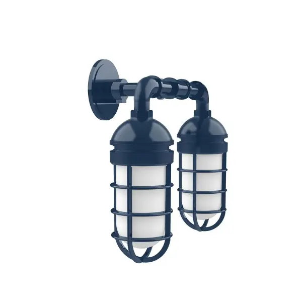 Our outdoor wall lights, inspired by 1920's industrial lighting, in straight arm styles are great for use as sign or awning lights, garage or barn lights. This vintage look works well indoors, as a wall sconce to illuminate an entry or hallway, stairway, or bathroom. Our weathertight glass and guard will protect your light source from damage in a storm, as well as light your way in great nautical style. Collection: Vaportite Finish: Navy Glass: 5 inch Vaportite Notes: Option (2) A19 LED and 1-Integrated 8W Width: 15.50" Height: 13.75" Length: 15.50" Weight: 8.00 lb Extension from Wall: 8.00" Canopy: 4.625" diameter Number of Bulbs: 2 Maximum Wattage: 100.00 W Bulb Type: A19 Bulb Base: E26 Medium Light Source: Incandescent or LED equivalent Dimmable Voltage: 120.00 V Country of Origin: US Safety Listing: UL/cUL Safety Rating: Wet Dark Sky LED Manufacturer Warranty: 1-year limited warranty on the fixture.