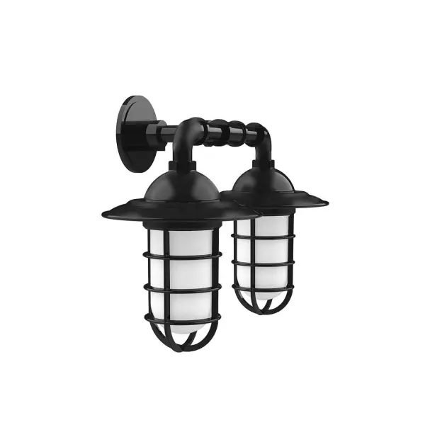 Our outdoor wall lights, inspired by 1920's industrial lighting, in straight arm styles are great for use as sign or awning lights, garage or barn lights. This vintage look works well indoors, as a wall sconce to illuminate an entry or hallway, stairway, or bathroom. Our weathertight glass and guard will protect your light source from damage in a storm, as well as light your way in great nautical style. Collection: Vaportite Finish: Black Glass: 5 inch Vaportite Notes: Option (2) A19 LED and 1-Integrated 8W Width: 19.75" Height: 13.75" Length: 19.75" Weight: 8.00 lb Extension from Wall: 10.25" Canopy: 4.625" diameter Number of Bulbs: 2 Maximum Wattage: 100.00 W Bulb Type: A19 Bulb Base: E26 Medium Light Source: Incandescent or LED equivalent Dimmable Voltage: 120.00 V Country of Origin: US Safety Listing: UL/cUL Safety Rating: Wet Dark Sky LED Manufacturer Warranty: 1-year limited warranty on the fixture.