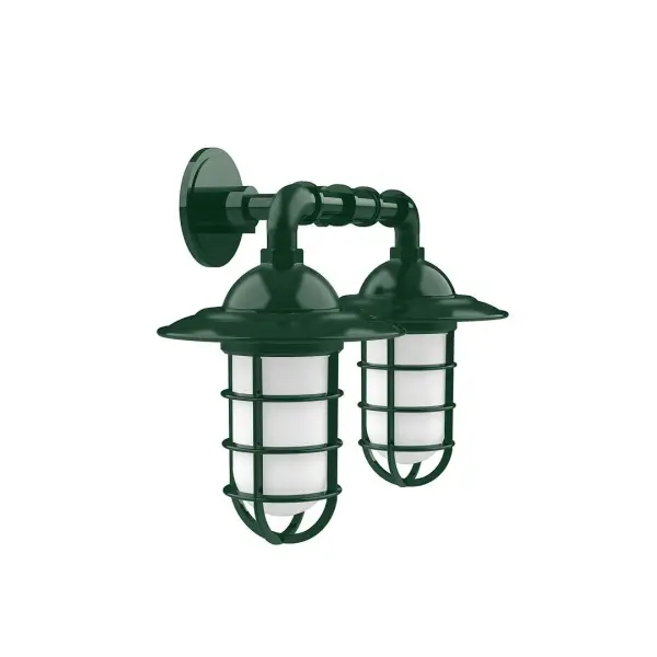 Our outdoor wall lights, inspired by 1920's industrial lighting, in straight arm styles are great for use as sign or awning lights, garage or barn lights. This vintage look works well indoors, as a wall sconce to illuminate an entry or hallway, stairway, or bathroom. Our weathertight glass and guard will protect your light source from damage in a storm, as well as light your way in great nautical style. Collection: Vaportite Finish: Forest Green Glass: 5 inch Vaportite Notes: Option (2) A19 LED and 1-Integrated 8W Width: 19.75" Height: 13.75" Length: 19.75" Weight: 8.00 lb Extension from Wall: 10.25" Canopy: 4.625" diameter Number of Bulbs: 2 Maximum Wattage: 100.00 W Bulb Type: A19 Bulb Base: E26 Medium Light Source: Incandescent or LED equivalent Dimmable Voltage: 120.00 V Country of Origin: US Safety Listing: UL/cUL Safety Rating: Wet Dark Sky LED Manufacturer Warranty: 1-year limited warranty on the fixture.