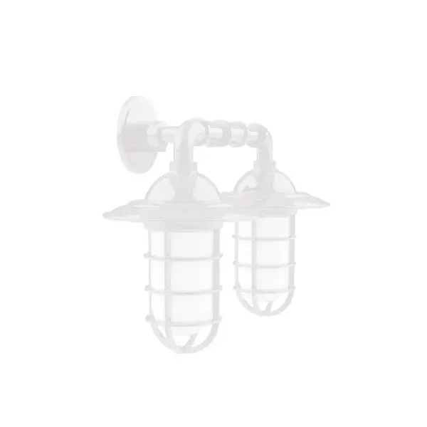 Our outdoor wall lights, inspired by 1920's industrial lighting, in straight arm styles are great for use as sign or awning lights, garage or barn lights. This vintage look works well indoors, as a wall sconce to illuminate an entry or hallway, stairway, or bathroom. Our weathertight glass and guard will protect your light source from damage in a storm, as well as light your way in great nautical style. Collection: Vaportite Finish: White Glass: 5 inch Vaportite Notes: Option (2) A19 LED and 1-Integrated 8W Width: 19.75" Height: 13.75" Length: 19.75" Weight: 8.00 lb Extension from Wall: 10.25" Canopy: 4.625" diameter Number of Bulbs: 2 Maximum Wattage: 100.00 W Bulb Type: A19 Bulb Base: E26 Medium Light Source: Incandescent or LED equivalent Dimmable Voltage: 120.00 V Country of Origin: US Safety Listing: UL/cUL Safety Rating: Wet Dark Sky LED Manufacturer Warranty: 1-year limited warranty on the fixture.