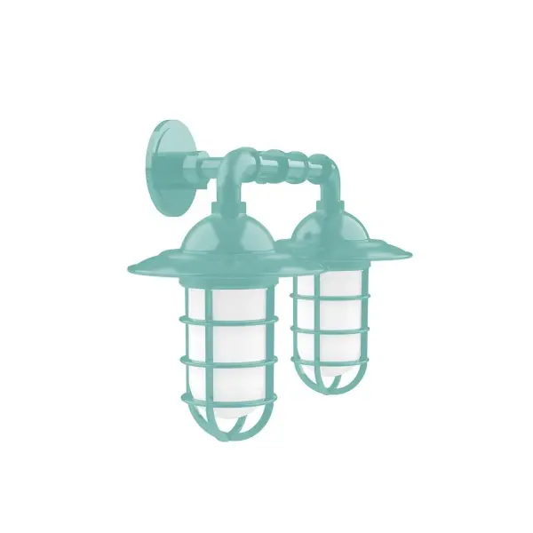 Our outdoor wall lights, inspired by 1920's industrial lighting, in straight arm styles are great for use as sign or awning lights, garage or barn lights. This vintage look works well indoors, as a wall sconce to illuminate an entry or hallway, stairway, or bathroom. Our weathertight glass and guard will protect your light source from damage in a storm, as well as light your way in great nautical style. Collection: Vaportite Finish: Sea Green Glass: 5 inch Vaportite Notes: Option (2) A19 LED and 1-Integrated 8W Width: 19.75" Height: 13.75" Length: 19.75" Weight: 8.00 lb Extension from Wall: 10.25" Canopy: 4.625" diameter Number of Bulbs: 2 Maximum Wattage: 100.00 W Bulb Type: A19 Bulb Base: E26 Medium Light Source: Incandescent or LED equivalent Dimmable Voltage: 120.00 V Country of Origin: US Safety Listing: UL/cUL Safety Rating: Wet Dark Sky LED Manufacturer Warranty: 1-year limited warranty on the fixture.
