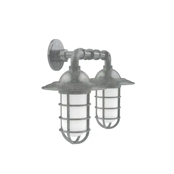 Our outdoor wall lights, inspired by 1920's industrial lighting, in straight arm styles are great for use as sign or awning lights, garage or barn lights. This vintage look works well indoors, as a wall sconce to illuminate an entry or hallway, stairway, or bathroom. Our weathertight glass and guard will protect your light source from damage in a storm, as well as light your way in great nautical style. Collection: Vaportite Finish: Painted Galvanized Glass: 5 inch Vaportite Notes: Option (2) A19 LED and 1-Integrated 8W Width: 19.75" Height: 13.75" Length: 19.75" Weight: 8.00 lb Extension from Wall: 10.25" Canopy: 4.625" diameter Number of Bulbs: 2 Maximum Wattage: 100.00 W Bulb Type: A19 Bulb Base: E26 Medium Light Source: Incandescent or LED equivalent Dimmable Voltage: 120.00 V Country of Origin: US Safety Listing: UL/cUL Safety Rating: Wet Dark Sky LED Manufacturer Warranty: 1-year limited warranty on the fixture.