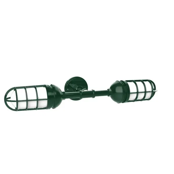 Our outdoor wall lights, inspired by 1920's industrial lighting, in straight arm styles are great for use as sign or awning lights, garage or barn lights. This vintage look works well indoors, as a wall sconce to illuminate an entry or hallway, stairway, or bathroom. Our weathertight glass and guard will protect your light source from damage in a storm, as well as light your way in great nautical style. Collection: Vaportite Finish: Forest Green Glass: 5 inch Vaportite Notes: Option (2) A19 LED and 1-Integrated 8W Width: 27.75" Height: 4.63" Length: 8.25" Weight: 10.00 lb Extension from Wall: 8.25" Canopy: 4.625" diameter Number of Bulbs: 2 Maximum Wattage: 100.00 W Bulb Type: A19 Bulb Base: E26 Medium Light Source: Incandescent or LED equivalent Dimmable Voltage: 120.00 V Country of Origin: US Safety Listing: UL/cUL Safety Rating: Wet Dark Sky LED Manufacturer Warranty: 1-year limited warranty on the fixture.