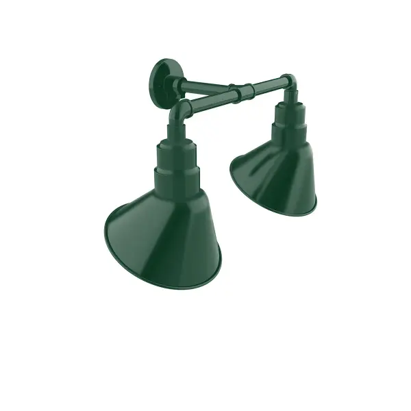 Our outdoor wall lights, inspired by 1920’s industrial lighting, in 2-light straight arm styles are great for use as sign or awning lights, garage or barn lights. The Angle shade style is offered in a variety of sizes.
