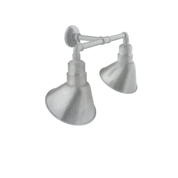 Our outdoor wall lights, inspired by 1920’s industrial lighting, in 2-light straight arm styles are great for use as sign or awning lights, garage or barn lights. The Angle shade style is offered in a variety of sizes.
