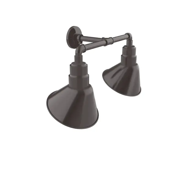 Our outdoor wall lights, inspired by 1920’s industrial lighting, in 2-light straight arm styles are great for use as sign or awning lights, garage or barn lights. The Angle shade style is offered in a variety of sizes.