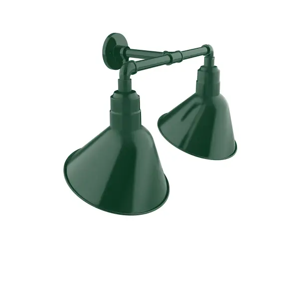 Our outdoor wall lights, inspired by 1920’s industrial lighting, in 2-light straight arm styles are great for use as sign or awning lights, garage or barn lights. The Angle shade style is offered in a variety of sizes.