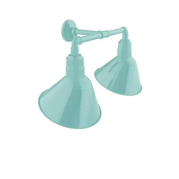 Our outdoor wall lights, inspired by 1920’s industrial lighting, in 2-light straight arm styles are great for use as sign or awning lights, garage or barn lights. The Angle shade style is offered in a variety of sizes.