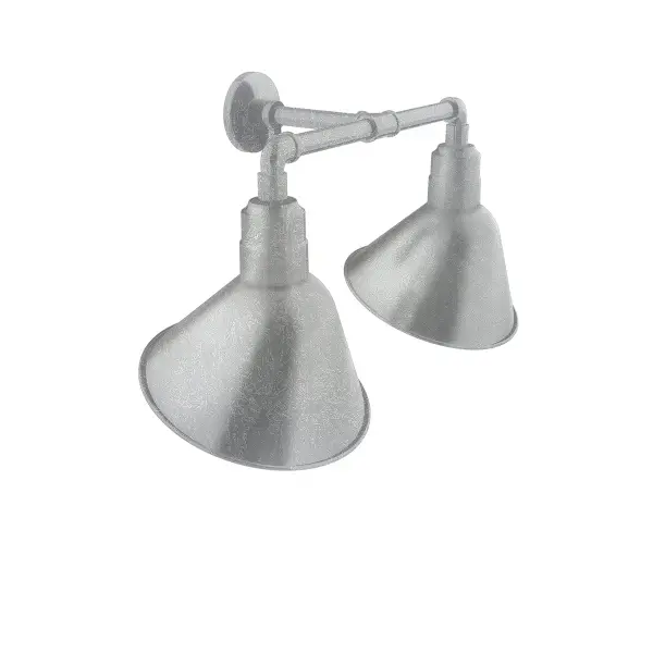 Our outdoor wall lights, inspired by 1920’s industrial lighting, in 2-light straight arm styles are great for use as sign or awning lights, garage or barn lights. The Angle shade style is offered in a variety of sizes.