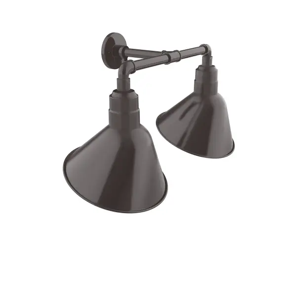 Our outdoor wall lights, inspired by 1920’s industrial lighting, in 2-light straight arm styles are great for use as sign or awning lights, garage or barn lights. The Angle shade style is offered in a variety of sizes.