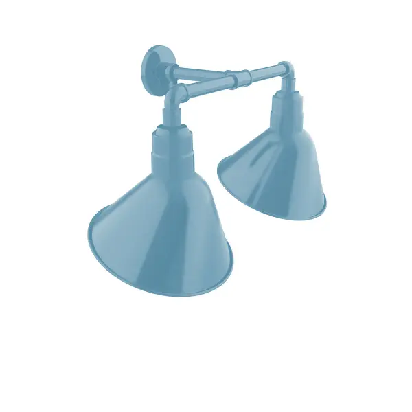 Our outdoor wall lights, inspired by 1920’s industrial lighting, in 2-light straight arm styles are great for use as sign or awning lights, garage or barn lights. The Angle shade style is offered in a variety of sizes.