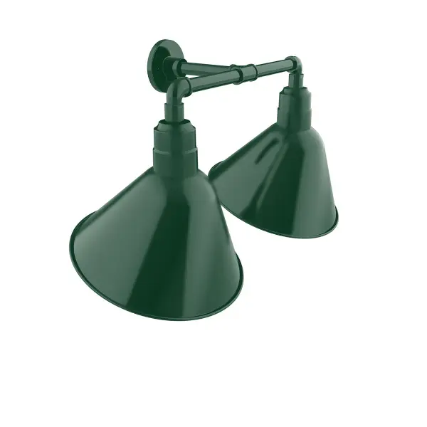 Our outdoor wall lights, inspired by 1920’s industrial lighting, in 2-light straight arm styles are great for use as sign or awning lights, garage or barn lights. The Angle shade style is offered in a variety of sizes.
