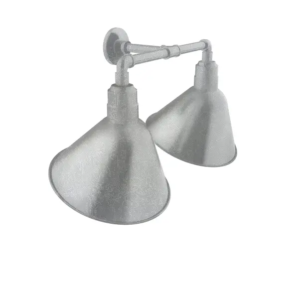 Our outdoor wall lights, inspired by 1920’s industrial lighting, in 2-light straight arm styles are great for use as sign or awning lights, garage or barn lights. The Angle shade style is offered in a variety of sizes.