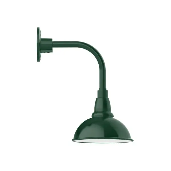 Our outdoor wall lights, inspired by 1920's industrial lighting, in curved arm styles are great for use as sign or awning lights, garage or barn lights. This vintage look works well indoors also, our smallest sizes will illuminate a restaurant menu board, bookcase, or shelving unit. Our Cafe shades will help transform your outdoor living area into a warm and intimate gathering space. Collection: Cafe Finish: Forest Green Glass: 8 inch Cafe Width: 8.13" Height: 15.13" Length: 12.75" Weight: 8.00 lb Extension from Wall: 12.75" Canopy: 4.625" diameter Number of Bulbs: 1 Maximum Wattage: 8.00 W Light Source: LED Light Output: 800.00 lm Color Temperature: 3000 K CRI: 90 Dimmable Rated Average Life: 50,000 Voltage: 120.00 V Country of Origin: US Safety Listing: UL/cUL Safety Rating: Wet Dark Sky LED Manufacturer Warranty: 1-year limited warranty on the fixture.