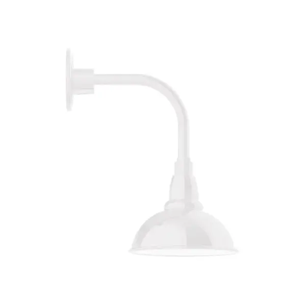 Our outdoor wall lights, inspired by 1920's industrial lighting, in curved arm styles are great for use as sign or awning lights, garage or barn lights. This vintage look works well indoors also, our smallest sizes will illuminate a restaurant menu board, bookcase, or shelving unit. Our Cafe shades will help transform your outdoor living area into a warm and intimate gathering space. Collection: Cafe Finish: White Glass: 8 inch Cafe Notes: Option (1) A19 LED and 3-Integrated 8W, 10W, 15W Width: 8.13" Height: 15.13" Length: 12.75" Weight: 8.00 lb Extension from Wall: 12.75" Canopy: 4.625" diameter Number of Bulbs: 1 Maximum Wattage: 100.00 W Bulb Type: A19 Bulb Base: E26 Medium Light Source: Incandescent or LED equivalent Dimmable Voltage: 120.00 V Country of Origin: US Safety Listing: UL/cUL Safety Rating: Wet Dark Sky LED Manufacturer Warranty: 1-year limited warranty on the fixture.