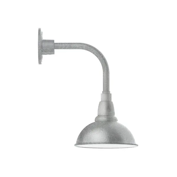 Our outdoor wall lights, inspired by 1920's industrial lighting, in curved arm styles are great for use as sign or awning lights, garage or barn lights. This vintage look works well indoors also, our smallest sizes will illuminate a restaurant menu board, bookcase, or shelving unit. Our Cafe shades will help transform your outdoor living area into a warm and intimate gathering space. Collection: Cafe Finish: Painted Galvanized Glass: 8 inch Cafe Notes: Option (1) A19 LED and 3-Integrated 8W, 10W, 15W Width: 8.13" Height: 15.13" Length: 12.75" Weight: 8.00 lb Extension from Wall: 12.75" Canopy: 4.625" diameter Number of Bulbs: 1 Maximum Wattage: 100.00 W Bulb Type: A19 Bulb Base: E26 Medium Light Source: Incandescent or LED equivalent Dimmable Voltage: 120.00 V Country of Origin: US Safety Listing: UL/cUL Safety Rating: Wet Dark Sky LED Manufacturer Warranty: 1-year limited warranty on the fixture.