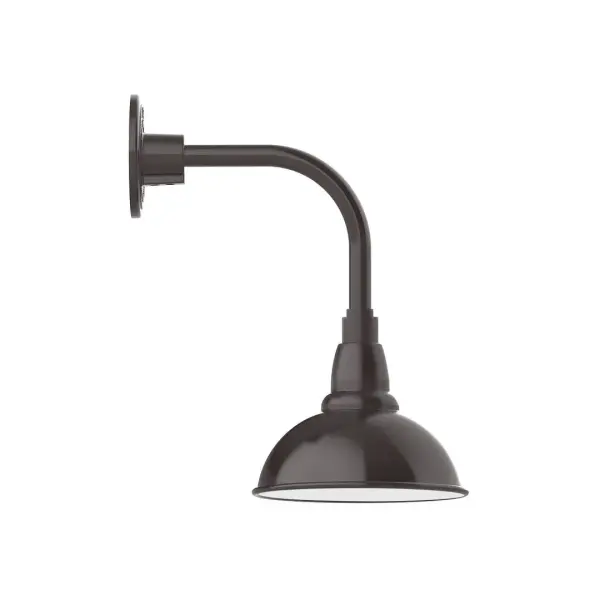 Our outdoor wall lights, inspired by 1920's industrial lighting, in curved arm styles are great for use as sign or awning lights, garage or barn lights. This vintage look works well indoors also, our smallest sizes will illuminate a restaurant menu board, bookcase, or shelving unit. Our Cafe shades will help transform your outdoor living area into a warm and intimate gathering space. Collection: Cafe Finish: Architectural Bronze Glass: 8 inch Cafe Notes: Option (1) A19 LED and 3-Integrated 8W, 10W, 15W Width: 8.13" Height: 15.13" Length: 12.75" Weight: 8.00 lb Extension from Wall: 12.75" Canopy: 4.625" diameter Number of Bulbs: 1 Maximum Wattage: 100.00 W Bulb Type: A19 Bulb Base: E26 Medium Light Source: Incandescent or LED equivalent Dimmable Voltage: 120.00 V Country of Origin: US Safety Listing: UL/cUL Safety Rating: Wet Dark Sky LED Manufacturer Warranty: 1-year limited warranty on the fixture.