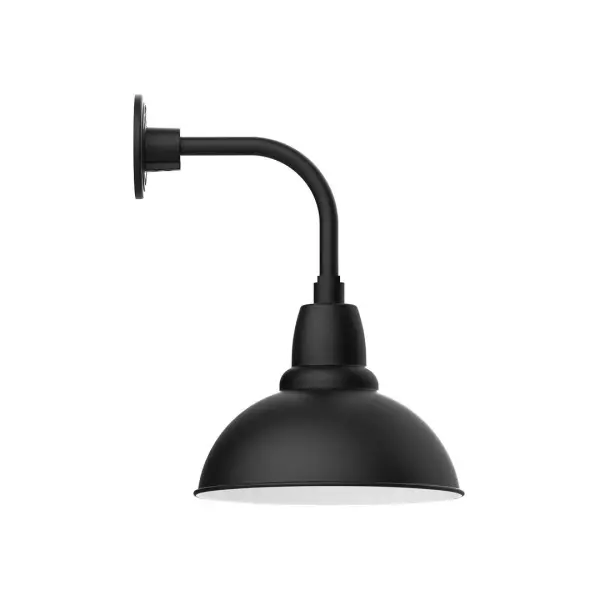 Our outdoor wall lights, inspired by 1920's industrial lighting, in curved arm styles are great for use as sign or awning lights, garage or barn lights. This vintage look works well indoors also, our smallest sizes will illuminate a restaurant menu board, bookcase, or shelving unit. Our Cafe shades will help transform your outdoor living area into a warm and intimate gathering space. Collection: Cafe Finish: Black Glass: 12 inch Cafe Notes: Option (1) A19 LED and 3-Integrated 8W, 10W, 15W Width: 12.00" Height: 20.00" Length: 14.63" Weight: 10.00 lb Extension from Wall: 14.63" Canopy: 4.625" diameter Number of Bulbs: 1 Maximum Wattage: 100.00 W Bulb Type: A19 Bulb Base: E26 Medium Light Source: Incandescent or LED equivalent Dimmable Voltage: 120.00 V Country of Origin: US Safety Listing: UL/cUL Safety Rating: Wet Dark Sky LED Manufacturer Warranty: 1-year limited warranty on the fixture.