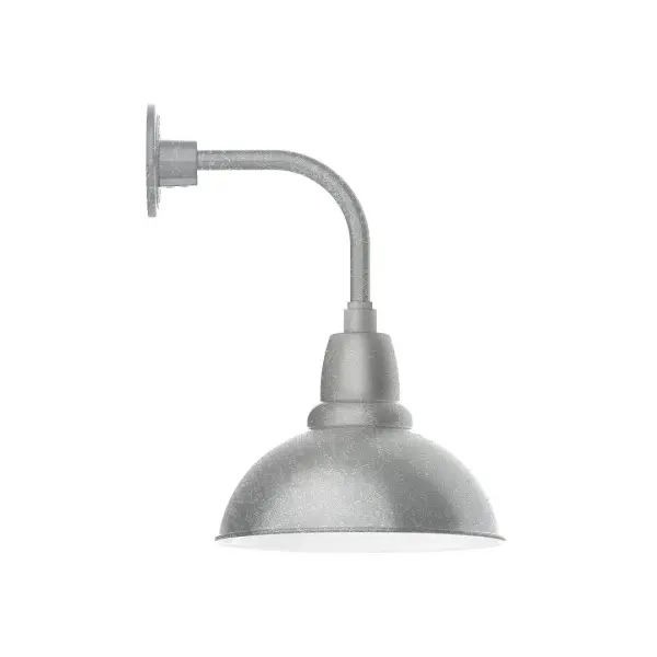 Our outdoor wall lights, inspired by 1920's industrial lighting, in curved arm styles are great for use as sign or awning lights, garage or barn lights. This vintage look works well indoors also, our smallest sizes will illuminate a restaurant menu board, bookcase, or shelving unit. Our Cafe shades will help transform your outdoor living area into a warm and intimate gathering space. Collection: Cafe Finish: Painted Galvanized Glass: Clear Glass with Cast Guard Notes: Option (1) A19 LED and 3-Integrated 8W, 10W, 15W Width: 12.00" Height: 20.00" Length: 14.63" Weight: 10.00 lb Extension from Wall: 14.63" Canopy: 4.625" diameter Number of Bulbs: 1 Maximum Wattage: 100.00 W Bulb Type: A19 Bulb Base: E26 Medium Light Source: Incandescent or LED equivalent Dimmable Voltage: 120.00 V Country of Origin: US Safety Listing: UL/cUL Safety Rating: Wet Dark Sky LED Manufacturer Warranty: 1-year limited warranty on the fixture.