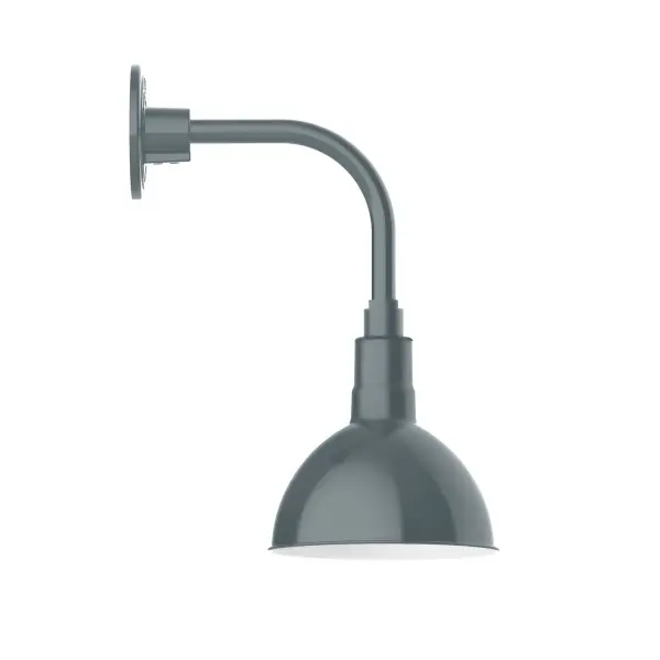 Our outdoor wall lights, inspired by 1920's industrial lighting, in curved arm styles are great for use as sign or awning lights, garage or barn lights. This vintage look works well indoors also, our smallest sizes will illuminate a restaurant menu board, bookcase, or shelving unit. Our Deep Bowl shade, the ultimate domed reflector, is classic in shape and offers great light output. Collection: Deep Bowl Finish: Slate Gray Glass: 8 inch Deep Bowl Notes: Option (1) A19 LED and 3-Integrated 8W, 10W, 15W Width: 8.00" Height: 16.75" Length: 12.50" Weight: 8.00 lb Extension from Wall: 12.50" Canopy: 4.625" diameter Number of Bulbs: 1 Maximum Wattage: 100.00 W Bulb Type: A19 Bulb Base: E26 Medium Light Source: Incandescent or LED equivalent Dimmable Voltage: 120.00 V Country of Origin: US Safety Listing: UL/cUL Safety Rating: Wet Dark Sky LED Manufacturer Warranty: 1-year limited warranty on the fixture.