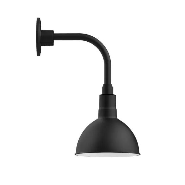 Our outdoor wall lights, inspired by 1920's industrial lighting, in curved arm styles are great for use as sign or awning lights, garage or barn lights. This vintage look works well indoors also, our smallest sizes will illuminate a restaurant menu board, bookcase, or shelving unit. Our Deep Bowl shade, the ultimate domed reflector, is classic in shape and offers great light output. Collection: Deep Bowl Finish: Black Glass: 8 inch Deep Bowl Width: 8.00" Height: 16.75" Length: 12.50" Weight: 8.00 lb Extension from Wall: 12.50" Canopy: 4.625" diameter Number of Bulbs: 1 Maximum Wattage: 8.00 W Light Source: LED Light Output: 800.00 lm Color Temperature: 3000 K CRI: 90 Dimmable Rated Average Life: 50,000 Voltage: 120.00 V Country of Origin: US Safety Listing: UL/cUL Safety Rating: Wet Dark Sky LED Manufacturer Warranty: 1-year limited warranty on the fixture.