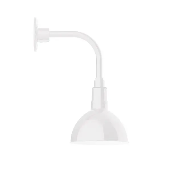 Our outdoor wall lights, inspired by 1920's industrial lighting, in curved arm styles are great for use as sign or awning lights, garage or barn lights. This vintage look works well indoors also, our smallest sizes will illuminate a restaurant menu board, bookcase, or shelving unit. Our Deep Bowl shade, the ultimate domed reflector, is classic in shape and offers great light output. Collection: Deep Bowl Finish: White Glass: Clear Glass with Cast Guard Notes: Option (1) A19 LED and 3-Integrated 8W, 10W, 15W Width: 8.00" Height: 16.75" Length: 12.50" Weight: 8.00 lb Extension from Wall: 12.50" Canopy: 4.625" diameter Number of Bulbs: 1 Maximum Wattage: 100.00 W Bulb Type: A19 Bulb Base: E26 Medium Light Source: Incandescent or LED equivalent Dimmable Voltage: 120.00 V Country of Origin: US Safety Listing: UL/cUL Safety Rating: Wet Dark Sky LED Manufacturer Warranty: 1-year limited warranty on the fixture.