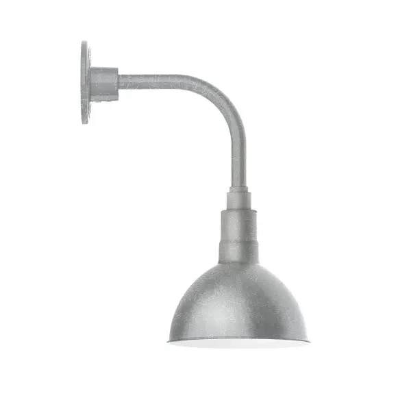 Our outdoor wall lights, inspired by 1920's industrial lighting, in curved arm styles are great for use as sign or awning lights, garage or barn lights. This vintage look works well indoors also, our smallest sizes will illuminate a restaurant menu board, bookcase, or shelving unit. Our Deep Bowl shade, the ultimate domed reflector, is classic in shape and offers great light output. Collection: Deep Bowl Finish: Painted Galvanized Glass: Clear Glass with Cast Guard Width: 8.00" Height: 16.75" Length: 12.50" Weight: 8.00 lb Extension from Wall: 12.50" Canopy: 4.625" diameter Number of Bulbs: 1 Maximum Wattage: 8.00 W Light Source: LED Light Output: 800.00 lm Color Temperature: 3000 K CRI: 90 Dimmable Rated Average Life: 50,000 Voltage: 120.00 V Country of Origin: US Safety Listing: UL/cUL Safety Rating: Wet Dark Sky LED Manufacturer Warranty: 1-year limited warranty on the fixture.