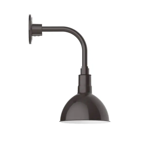 Our outdoor wall lights, inspired by 1920's industrial lighting, in curved arm styles are great for use as sign or awning lights, garage or barn lights. This vintage look works well indoors also, our smallest sizes will illuminate a restaurant menu board, bookcase, or shelving unit. Our Deep Bowl shade, the ultimate domed reflector, is classic in shape and offers great light output. Collection: Deep Bowl Finish: Architectural Bronze Glass: Clear Glass with Cast Guard Notes: Option (1) A19 LED and 3-Integrated 8W, 10W, 15W Width: 8.00" Height: 16.75" Length: 12.50" Weight: 8.00 lb Extension from Wall: 12.50" Canopy: 4.625" diameter Number of Bulbs: 1 Maximum Wattage: 100.00 W Bulb Type: A19 Bulb Base: E26 Medium Light Source: Incandescent or LED equivalent Dimmable Voltage: 120.00 V Country of Origin: US Safety Listing: UL/cUL Safety Rating: Wet Dark Sky LED Manufacturer Warranty: 1-year limited warranty on the fixture.