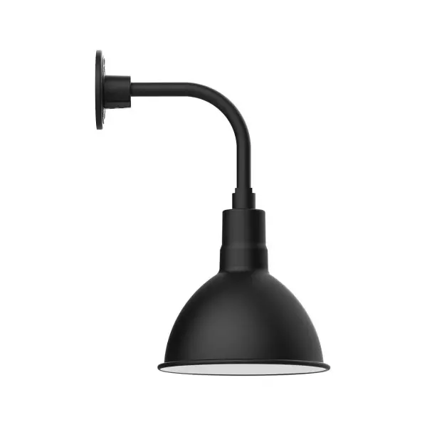 Our outdoor wall lights, inspired by 1920's industrial lighting, in curved arm styles are great for use as sign or awning lights, garage or barn lights. This vintage look works well indoors also, our smallest sizes will illuminate a restaurant menu board, bookcase, or shelving unit. Our Deep Bowl shade, the ultimate domed reflector, is classic in shape and offers great light output. Collection: Deep Bowl Finish: Black Glass: 10 inch Deep Bowl Width: 10.00" Height: 18.75" Length: 13.63" Weight: 10.00 lb Extension from Wall: 13.63" Canopy: 4.625" diameter Number of Bulbs: 1 Maximum Wattage: 10.00 W Light Source: LED Light Output: 800.00 lm Color Temperature: 2700 K CRI: 90 Dimmable Rated Average Life: 50,000 Voltage: 120.00 V Country of Origin: US Safety Listing: UL/cUL Safety Rating: Wet Dark Sky LED Manufacturer Warranty: 1-year limited warranty on the fixture.