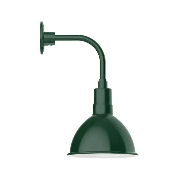 Our outdoor wall lights, inspired by 1920's industrial lighting, in curved arm styles are great for use as sign or awning lights, garage or barn lights. This vintage look works well indoors also, our smallest sizes will illuminate a restaurant menu board, bookcase, or shelving unit. Our Deep Bowl shade, the ultimate domed reflector, is classic in shape and offers great light output. Collection: Deep Bowl Finish: Forest Green Glass: 10 inch Deep Bowl Width: 10.00" Height: 18.75" Length: 13.63" Weight: 10.00 lb Extension from Wall: 13.63" Canopy: 4.625" diameter Number of Bulbs: 1 Maximum Wattage: 10.00 W Light Source: LED Light Output: 800.00 lm Color Temperature: 2700 K CRI: 90 Dimmable Rated Average Life: 50,000 Voltage: 120.00 V Country of Origin: US Safety Listing: UL/cUL Safety Rating: Wet Dark Sky LED Manufacturer Warranty: 1-year limited warranty on the fixture.