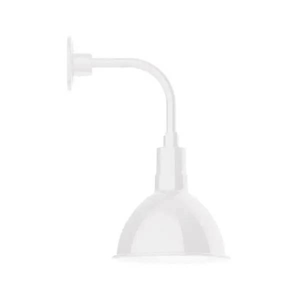Our outdoor wall lights, inspired by 1920's industrial lighting, in curved arm styles are great for use as sign or awning lights, garage or barn lights. This vintage look works well indoors also, our smallest sizes will illuminate a restaurant menu board, bookcase, or shelving unit. Our Deep Bowl shade, the ultimate domed reflector, is classic in shape and offers great light output. Collection: Deep Bowl Finish: White Glass: 10 inch Deep Bowl Notes: Option (1) A19 LED and 3-Integrated 8W, 10W, 15W Width: 10.00" Height: 18.75" Length: 13.63" Weight: 10.00 lb Extension from Wall: 13.63" Canopy: 4.625" diameter Number of Bulbs: 1 Maximum Wattage: 100.00 W Bulb Type: A19 Bulb Base: E26 Medium Light Source: Incandescent or LED equivalent Dimmable Voltage: 120.00 V Country of Origin: US Safety Listing: UL/cUL Safety Rating: Wet Dark Sky LED Manufacturer Warranty: 1-year limited warranty on the fixture.
