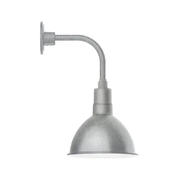 Our outdoor wall lights, inspired by 1920's industrial lighting, in curved arm styles are great for use as sign or awning lights, garage or barn lights. This vintage look works well indoors also, our smallest sizes will illuminate a restaurant menu board, bookcase, or shelving unit. Our Deep Bowl shade, the ultimate domed reflector, is classic in shape and offers great light output. Collection: Deep Bowl Finish: Painted Galvanized Glass: Clear Glass with Cast Guard Notes: Option (1) A19 LED and 3-Integrated 8W, 10W, 15W Width: 10.00" Height: 18.75" Length: 13.63" Weight: 10.00 lb Extension from Wall: 13.63" Canopy: 4.625" diameter Number of Bulbs: 1 Maximum Wattage: 100.00 W Bulb Type: A19 Bulb Base: E26 Medium Light Source: Incandescent or LED equivalent Dimmable Voltage: 120.00 V Country of Origin: US Safety Listing: UL/cUL Safety Rating: Wet Dark Sky LED Manufacturer Warranty: 1-year limited warranty on the fixture.