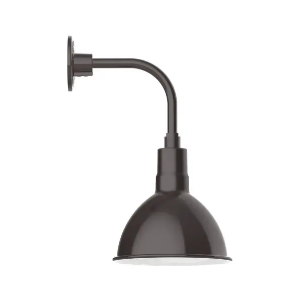 Our outdoor wall lights, inspired by 1920's industrial lighting, in curved arm styles are great for use as sign or awning lights, garage or barn lights. This vintage look works well indoors also, our smallest sizes will illuminate a restaurant menu board, bookcase, or shelving unit. Our Deep Bowl shade, the ultimate domed reflector, is classic in shape and offers great light output. Collection: Deep Bowl Finish: Architectural Bronze Glass: Clear Glass with Cast Guard Notes: Option (1) A19 LED and 3-Integrated 8W, 10W, 15W Width: 10.00" Height: 18.75" Length: 13.63" Weight: 10.00 lb Extension from Wall: 13.63" Canopy: 4.625" diameter Number of Bulbs: 1 Maximum Wattage: 100.00 W Bulb Type: A19 Bulb Base: E26 Medium Light Source: Incandescent or LED equivalent Dimmable Voltage: 120.00 V Country of Origin: US Safety Listing: UL/cUL Safety Rating: Wet Dark Sky LED Manufacturer Warranty: 1-year limited warranty on the fixture.