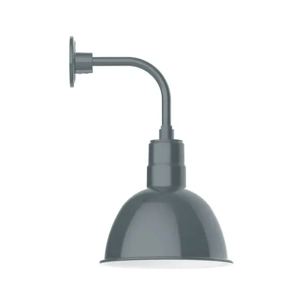 Our outdoor wall lights, inspired by 1920's industrial lighting, in curved arm styles are great for use as sign or awning lights, garage or barn lights. This vintage look works well indoors also, our smallest sizes will illuminate a restaurant menu board, bookcase, or shelving unit. Our Deep Bowl shade, the ultimate domed reflector, is classic in shape and offers great light output. Collection: Deep Bowl Finish: Slate Gray Glass: Clear Glass with Cast Guard Notes: Option (1) A19 LED and 3-Integrated 8W, 10W, 15W Width: 12.13" Height: 24.25" Length: 14.63" Weight: 10.00 lb Extension from Wall: 14.63" Canopy: 4.625" diameter Number of Bulbs: 1 Maximum Wattage: 100.00 W Bulb Type: A19 Bulb Base: E26 Medium Light Source: Incandescent or LED equivalent Dimmable Voltage: 120.00 V Country of Origin: US Safety Listing: UL/cUL Safety Rating: Wet Dark Sky LED Manufacturer Warranty: 1-year limited warranty on the fixture.