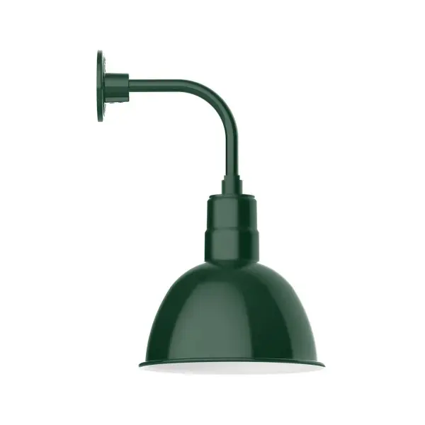 Our outdoor wall lights, inspired by 1920's industrial lighting, in curved arm styles are great for use as sign or awning lights, garage or barn lights. This vintage look works well indoors also, our smallest sizes will illuminate a restaurant menu board, bookcase, or shelving unit. Our Deep Bowl shade, the ultimate domed reflector, is classic in shape and offers great light output. Collection: Deep Bowl Finish: Forest Green Glass: Clear Glass with Cast Guard Width: 12.13" Height: 24.25" Length: 14.63" Weight: 10.00 lb Extension from Wall: 14.63" Canopy: 4.625" diameter Number of Bulbs: 1 Maximum Wattage: 10.00 W Light Source: LED Light Output: 800.00 lm Color Temperature: 2700 K CRI: 90 Dimmable Rated Average Life: 50,000 Voltage: 120.00 V Country of Origin: US Safety Listing: UL/cUL Safety Rating: Wet Dark Sky LED Manufacturer Warranty: 1-year limited warranty on the fixture.