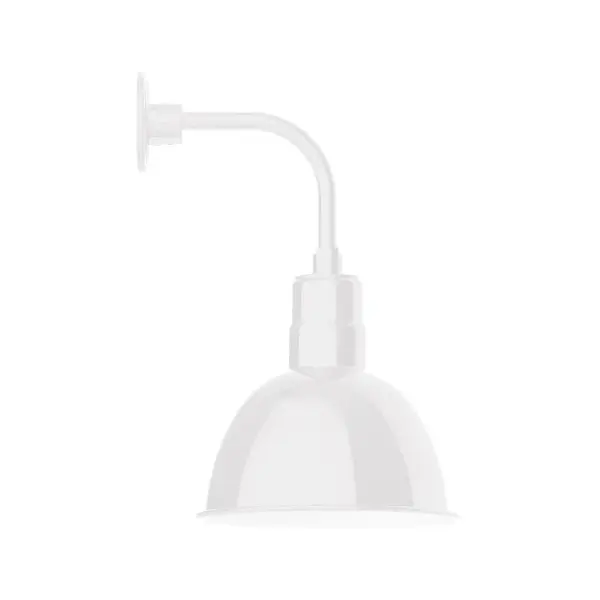 Our outdoor wall lights, inspired by 1920's industrial lighting, in curved arm styles are great for use as sign or awning lights, garage or barn lights. This vintage look works well indoors also, our smallest sizes will illuminate a restaurant menu board, bookcase, or shelving unit. Our Deep Bowl shade, the ultimate domed reflector, is classic in shape and offers great light output. Collection: Deep Bowl Finish: White Glass: Clear Glass with Cast Guard Width: 12.13" Height: 24.25" Length: 14.63" Weight: 10.00 lb Extension from Wall: 14.63" Canopy: 4.625" diameter Number of Bulbs: 1 Maximum Wattage: 10.00 W Light Source: LED Light Output: 800.00 lm Color Temperature: 2700 K CRI: 90 Dimmable Rated Average Life: 50,000 Voltage: 120.00 V Country of Origin: US Safety Listing: UL/cUL Safety Rating: Wet Dark Sky LED Manufacturer Warranty: 1-year limited warranty on the fixture.