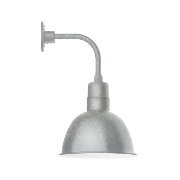 Our outdoor wall lights, inspired by 1920's industrial lighting, in curved arm styles are great for use as sign or awning lights, garage or barn lights. This vintage look works well indoors also, our smallest sizes will illuminate a restaurant menu board, bookcase, or shelving unit. Our Deep Bowl shade, the ultimate domed reflector, is classic in shape and offers great light output. Collection: Deep Bowl Finish: Painted Galvanized Glass: 12 inch Deep Bowl Width: 12.13" Height: 24.25" Length: 14.63" Weight: 10.00 lb Extension from Wall: 14.63" Canopy: 4.625" diameter Number of Bulbs: 1 Maximum Wattage: 10.00 W Light Source: LED Light Output: 800.00 lm Color Temperature: 3000 K CRI: 90 Dimmable Rated Average Life: 50,000 Voltage: 120.00 V Country of Origin: US Safety Listing: UL/cUL Safety Rating: Wet Dark Sky LED Manufacturer Warranty: 1-year limited warranty on the fixture.