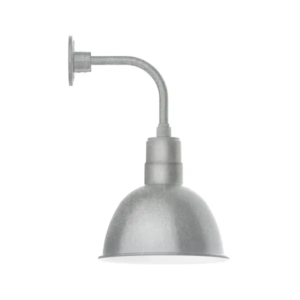 Our outdoor wall lights, inspired by 1920's industrial lighting, in curved arm styles are great for use as sign or awning lights, garage or barn lights. This vintage look works well indoors also, our smallest sizes will illuminate a restaurant menu board, bookcase, or shelving unit. Our Deep Bowl shade, the ultimate domed reflector, is classic in shape and offers great light output. Collection: Deep Bowl Finish: Painted Galvanized Glass: 12 inch Deep Bowl Notes: Option (1) A19 LED and 3-Integrated 8W, 10W, 15W Width: 12.13" Height: 24.25" Length: 14.63" Weight: 10.00 lb Extension from Wall: 14.63" Canopy: 4.625" diameter Number of Bulbs: 1 Maximum Wattage: 100.00 W Bulb Type: A19 Bulb Base: E26 Medium Light Source: Incandescent or LED equivalent Dimmable Voltage: 120.00 V Country of Origin: US Safety Listing: UL/cUL Safety Rating: Wet Dark Sky LED Manufacturer Warranty: 1-year limited warranty on the fixture.