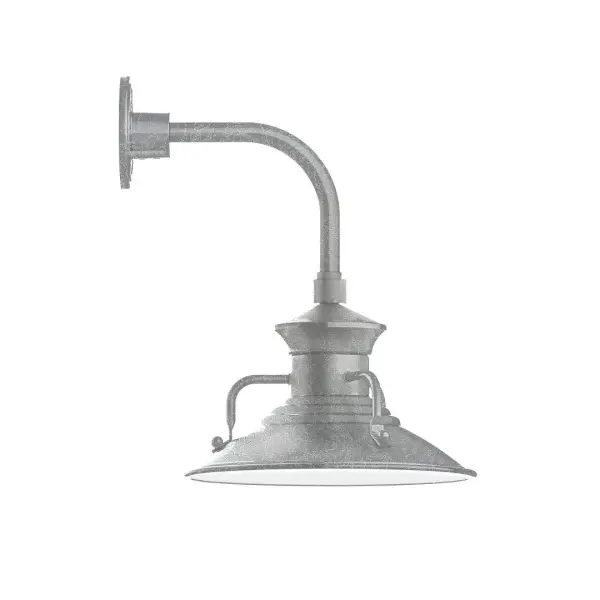 Our outdoor wall lights, inspired by 1920's industrial lighting, in curved arm styles are great for use as sign or awning lights, garage or barn lights. This vintage look works well indoors also, our smallest sizes will illuminate a restaurant menu board, bookcase, or shelving unit. The Homestead shade with its cap and handles, has great farmhouse flair. Collection: Homestead Finish: Painted Galvanized Glass: 12 inch Homestead Notes: Option (1) A19 LED and 2-Integrated 8W, 10W Width: 12.13" Height: 16.63" Length: 14.75" Weight: 8.00 lb Extension from Wall: 14.75" Canopy: 4.625" diameter Number of Bulbs: 1 Maximum Wattage: 100.00 W Bulb Type: A19 Bulb Base: E26 Medium Light Source: Incandescent or LED equivalent Dimmable Voltage: 120.00 V Country of Origin: US Safety Listing: UL/cUL Safety Rating: Wet Dark Sky LED Manufacturer Warranty: 1-year limited warranty on the fixture.