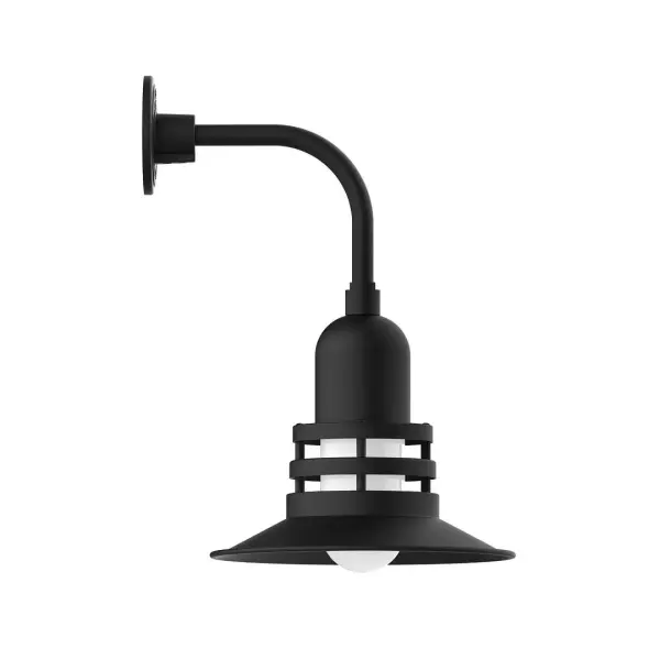 Our outdoor wall lights, inspired by 1920's industrial lighting, in curved arm styles are great for use as sign or awning lights, garage or barn lights. This vintage look works well indoors also, our smallest sizes will illuminate a restaurant menu board, bookcase, or shelving unit. The Atomic has a great retro feel and will lighten up any space. A clear glass jar to protect bulb from the elements is a standard feature. Collection: Atomic Finish: Black Glass: 12 inch Atomic Notes: Option (1) A19 LED and 2-Integrated 8W, 10W Width: 12.00" Height: 19.00" Length: 14.50" Weight: 10.00 lb Extension from Wall: 14.50" Canopy: 4.625" diameter Number of Bulbs: 1 Maximum Wattage: 100.00 W Bulb Type: A19 Bulb Base: E26 Medium Light Source: Incandescent or LED equivalent Dimmable Voltage: 120.00 V Country of Origin: US Safety Listing: UL/cUL Safety Rating: Wet Dark Sky LED Manufacturer Warranty: 1-year limited warranty on the fixture.