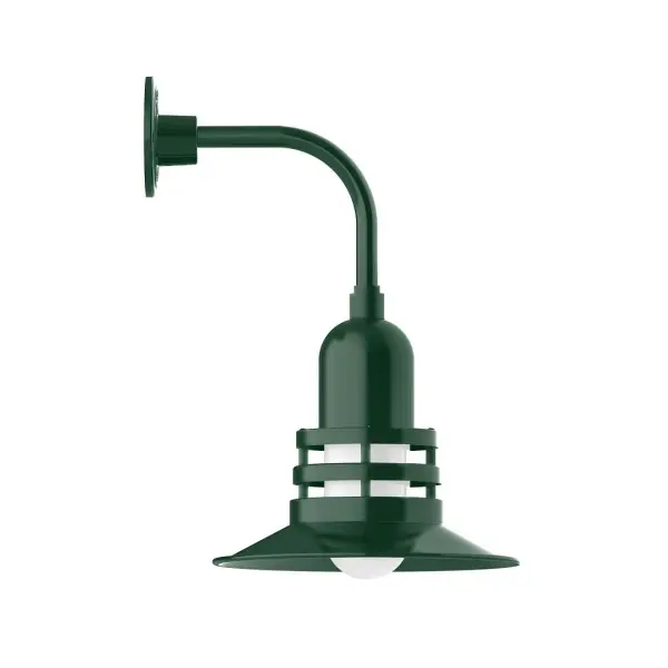 Our outdoor wall lights, inspired by 1920's industrial lighting, in curved arm styles are great for use as sign or awning lights, garage or barn lights. This vintage look works well indoors also, our smallest sizes will illuminate a restaurant menu board, bookcase, or shelving unit. The Atomic has a great retro feel and will lighten up any space. A clear glass jar to protect bulb from the elements is a standard feature. Collection: Atomic Finish: Forest Green Glass: 12 inch Atomic Notes: Option (1) A19 LED and 2-Integrated 8W, 10W Width: 12.00" Height: 19.00" Length: 14.50" Weight: 10.00 lb Extension from Wall: 14.50" Canopy: 4.625" diameter Number of Bulbs: 1 Maximum Wattage: 100.00 W Bulb Type: A19 Bulb Base: E26 Medium Light Source: Incandescent or LED equivalent Dimmable Voltage: 120.00 V Country of Origin: US Safety Listing: UL/cUL Safety Rating: Wet Dark Sky LED Manufacturer Warranty: 1-year limited warranty on the fixture.